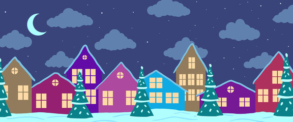 Vector cartoon abstract city with colorful houses in winter at night