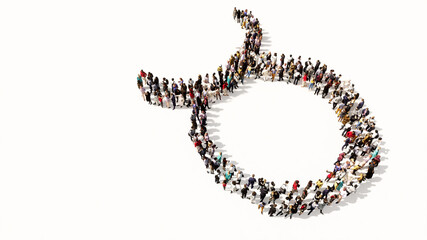 Concept or conceptual large gathering of people forming an taurus zodiac sign on white background. A 3d illustration symbol for  esoteric, the mystic, the power of prediction of astrology