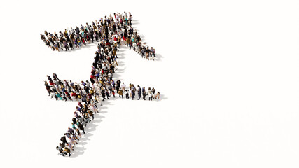 Concept or conceptual large gathering  of people forming an sagittarius zodiac sign on white background. A 3d illustration symbol for  esoteric, the mystic, the power of prediction of astrology