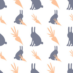 Seamless pattern cartoon style gray hares with carrots