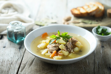 Traditional homemade fish soup with vegetables