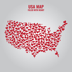 USA fulfilled with red hearts. Valentine and love for America. Solid and flat color vector illustration.