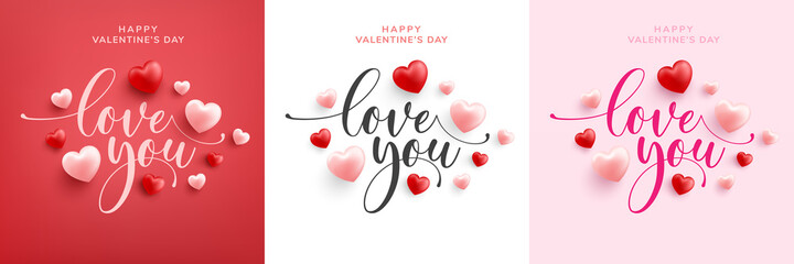 Love word hand drawn lettering and calligraphy with cute heart on red,white and pink background.Valentine's day template or background for Love and Valentine's day concept - obrazy, fototapety, plakaty