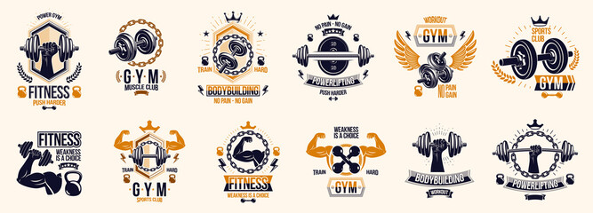 Gym fitness sport emblems and logos vector set isolated with barbells dumbbells kettlebells and muscle body man silhouettes and hands, athletics workout sport club, active lifestyle. - obrazy, fototapety, plakaty