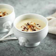 Homemade potato soup with croutons