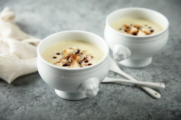 Homemade potato soup with croutons