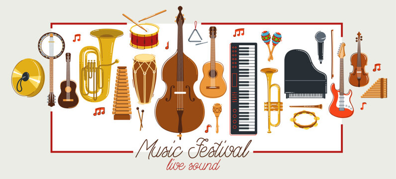 Music orchestra diverse instruments vector flat poster, live sound concert or festival, musical band or orchestra playing and singing songs advertising flyer or banner.