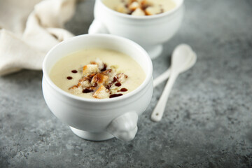 Homemade potato soup with croutons