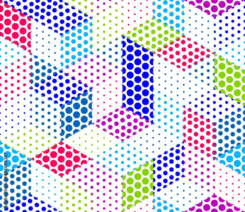 Poster dotted geometric 3d seamless pattern with cubes, dotty boxes blocks vector background, architecture 