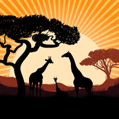 Silhouette of giraffes. Vector colorful illustration. Travel. Sunset.