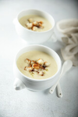 Homemade potato soup with croutons