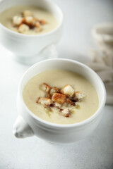 Homemade potato soup with croutons