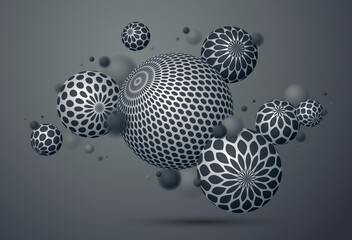 Abstract spheres vector background, composition of flying balls decorated with patterns, 3D mixed variety realistic globes with ornaments, realistic depth of field effect.