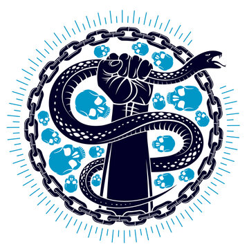 Hand Squeezes A Snake, Fight Against Evil Devil And Satan, Control Your Inner Beast Animal, Archetype Shadow, Life Is A Fight Concept, Vintage Vector Logo Or Tattoo.