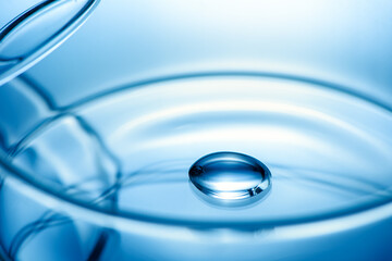 Clean glass petri dish with liquid drop inside over blue light background