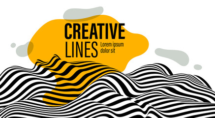 Abstract vector 3D lines with yellow fluid splat background, black and white curves linear perspective dimensional terrain optical pattern.