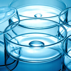 Clean glass petri dish with liquid drop inside over blue light background