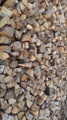 Woodpile. Wall firewood. Background from dry chopped logs in a heap. A wall of firewood, a background of dry chopped firewood. Alternative fuel concept. A snapshot of the natural background.