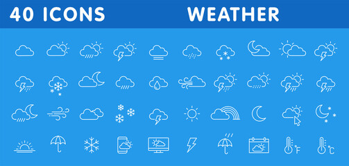 Set of 40 weather web icons in line style. Weather , clouds, sunny day, moon, snowflakes, wind, sun day. Vector illustration.