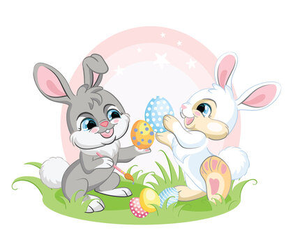 Two easter bunnies characters with eggs vector