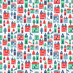 Ancient city seamless color pattern with old buildings for wallpaper or background design on white.