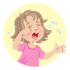 Avatar icon of a little crying girl. In cartoon style. Isolated on white background. Vector flat illustration.