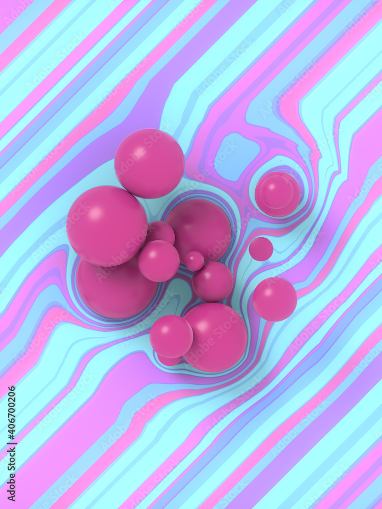 Leinwandbilder modern 3d rendering digital illustration a group of pink balls on a striped multi colored distorted 