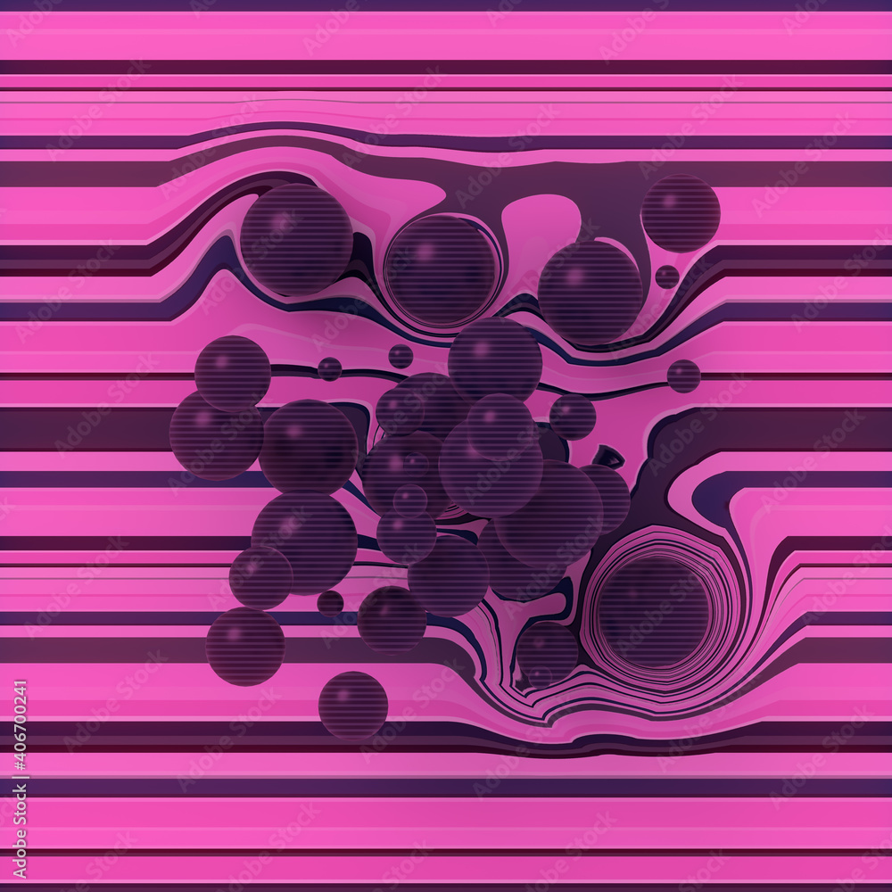 Poster Composition from a group of balls on a multi-colored striped distorted surface. 3d rendering digital illustration