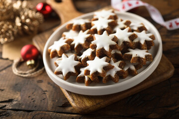 Traditional German star-shaped cookies with cinnamon