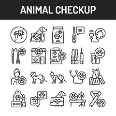 Animal checkup black line icons set. Isolated vector element. Outline pictograms for web page, mobile app, promo.