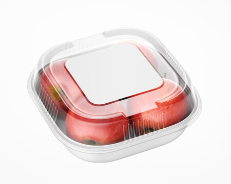 Plastic Container with White Square Paper Label Mockup - 3D Illustration Isolated on White, Halfside View