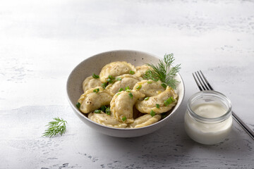 Homemade vegan dumplings, vareniki, pierogi, kreplach stuffed with vegan lentil 