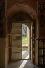 Old medieval church double wooden door