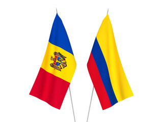 National fabric flags of Colombia and Moldova isolated on white background. 3d rendering illustration.