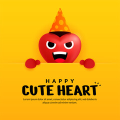 Happy cute heart with signboard on yellow background for valentines, greeting invitation poster