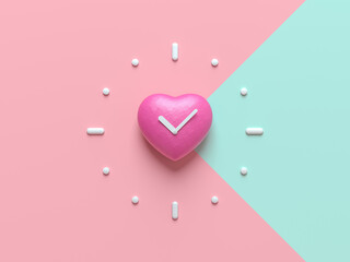Creative layout made of colorful heart clock on pink and green background. Minimal love concept with copy space. Border arrangement. happy valentine's day. 3d render