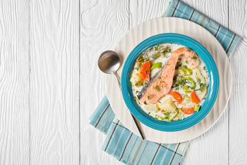 Lohikeitto, salmon fish soup with cream, top view