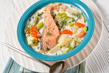 Lohikeitto, salmon fish soup with cream, top view