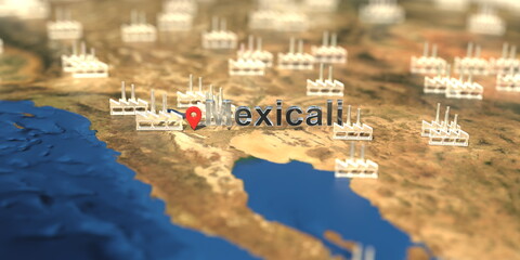 Mexicali city and factory icons on the map, industrial production related 3D rendering