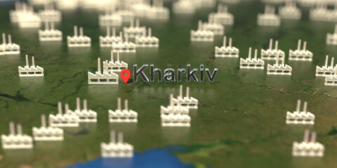 Factory icons near Kharkiv city on the map, industrial production related 3D rendering