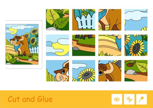 Puzzle game for young children with the image of cute bull grazing near the yard. Livestock, cattle breeding and farming. Cut and glue developmental activity.