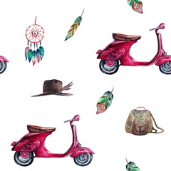Watercolor hand painted seamless pattern with purple vintage scooter, dream catcher, feathers, brown leather backpack and hat with feathers in boho style on white background.