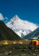 view of k2 from concordia, camping at highest camping site of the world , k2 8611 meters  second highest mountain in the world first summit in winter 2021.