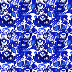 Blue floral seamless pattern in Russian gzhel background