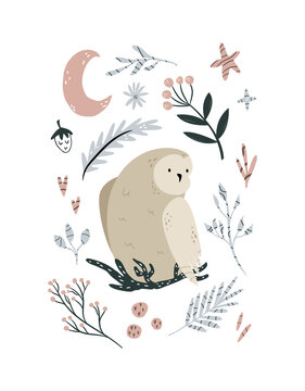 Creative poster with an owl sitting in the nest and forest elements.
