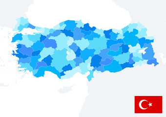 Turkey map blue colors and flag. No text
