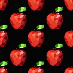 Seamless pattern with crystal red apple in origami style.Digital polygonal fruit ornament