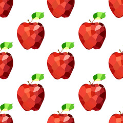 Seamless pattern with crystal red apple in origami style on white background.