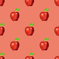 Red apples seamless pattern.Watercolor garden fruit ornament on pink background.