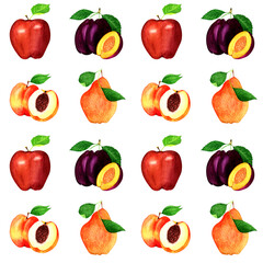 Garden fruits seamless pattern with red apple,pear,prunes,peaches.Watercolor hand drawn summer background.